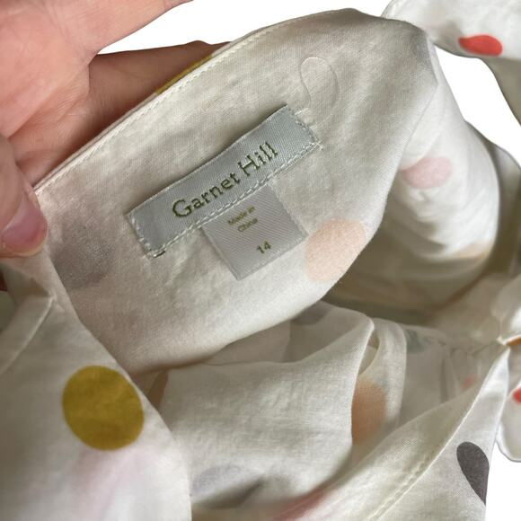 Garnet Hill Womens 14 A-line Dress Polka Dot White Print Vneck Cotton Flowy - Picture 2 of 12